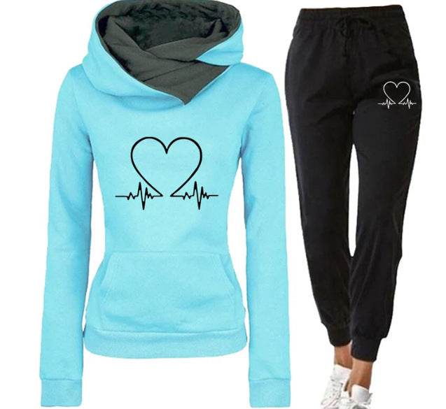 Love Heart Printed Sports Suit Hooded Sweatshirt Top And Drawstring Pants Fashion Casual Clothing For Women - Trendz Alley