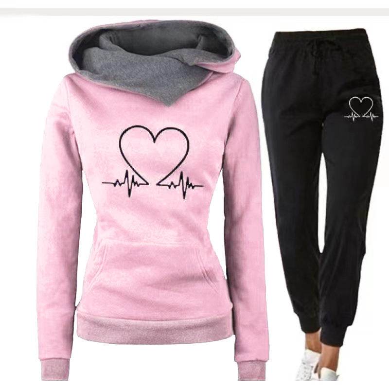 Love Heart Printed Sports Suit Hooded Sweatshirt Top And Drawstring Pants Fashion Casual Clothing For Women - Trendz Alley