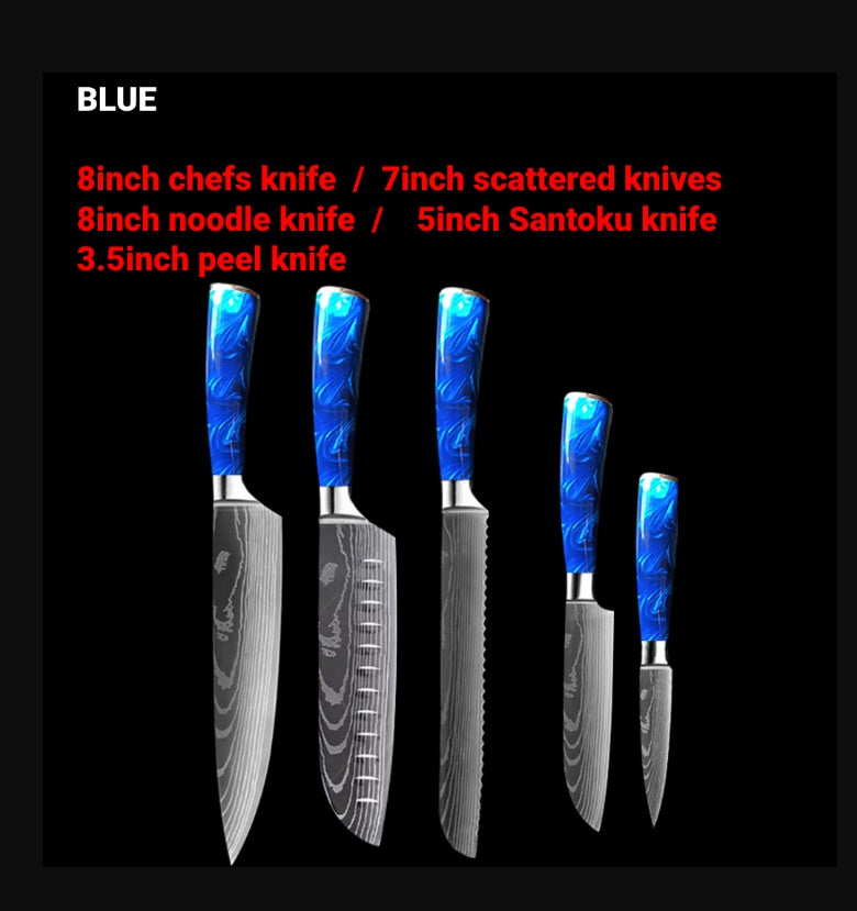 Chef Knives with Blue Resin Handle