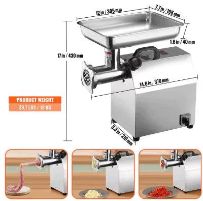 Electric Meat Grinder Food Processors Sausage Maker Filler Mincer Stuffer Stainless Steel with 2 Blades for Home Kitchen - Trendz Alley