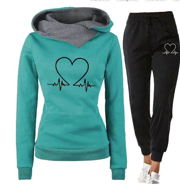 Love Heart Printed Sports Suit Hooded Sweatshirt Top And Drawstring Pants Fashion Casual Clothing For Women - Trendz Alley