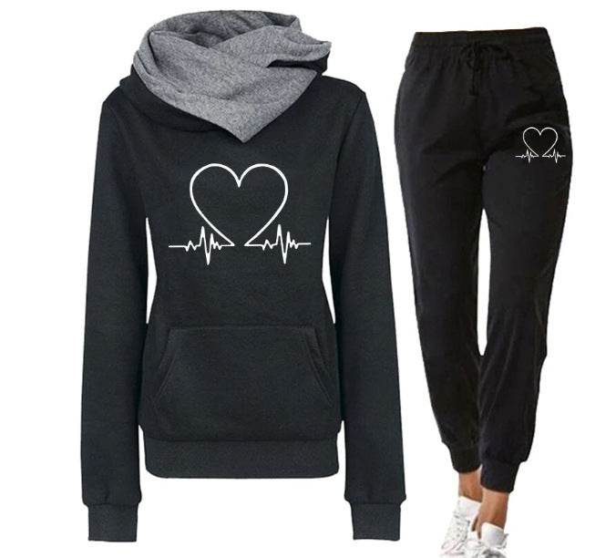 Love Heart Printed Sports Suit Hooded Sweatshirt Top And Drawstring Pants Fashion Casual Clothing For Women - Trendz Alley