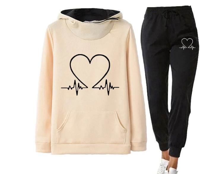 Love Heart Printed Sports Suit Hooded Sweatshirt Top And Drawstring Pants Fashion Casual Clothing For Women - Trendz Alley