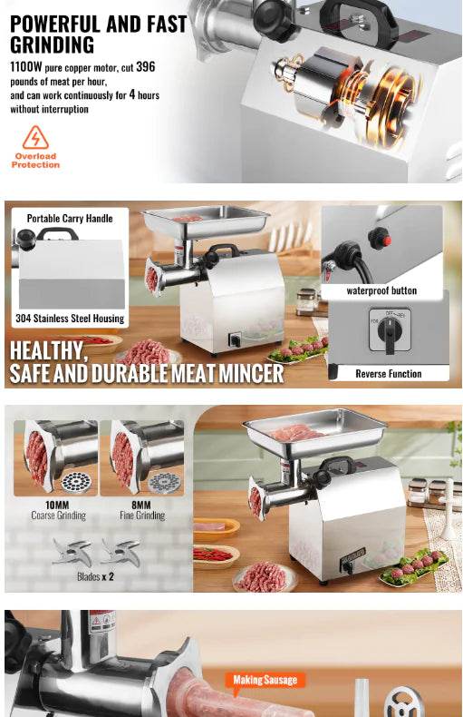 Electric Meat Grinder Food Processors Sausage Maker Filler Mincer Stuffer Stainless Steel with 2 Blades for Home Kitchen - Trendz Alley