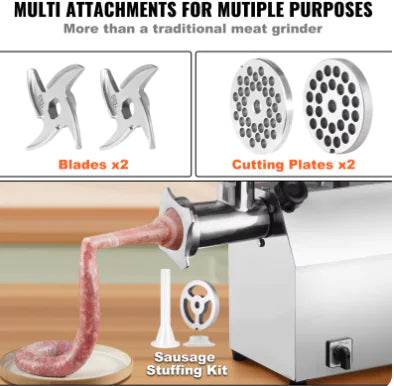 Electric Meat Grinder Food Processors Sausage Maker Filler Mincer Stuffer Stainless Steel with 2 Blades for Home Kitchen - Trendz Alley